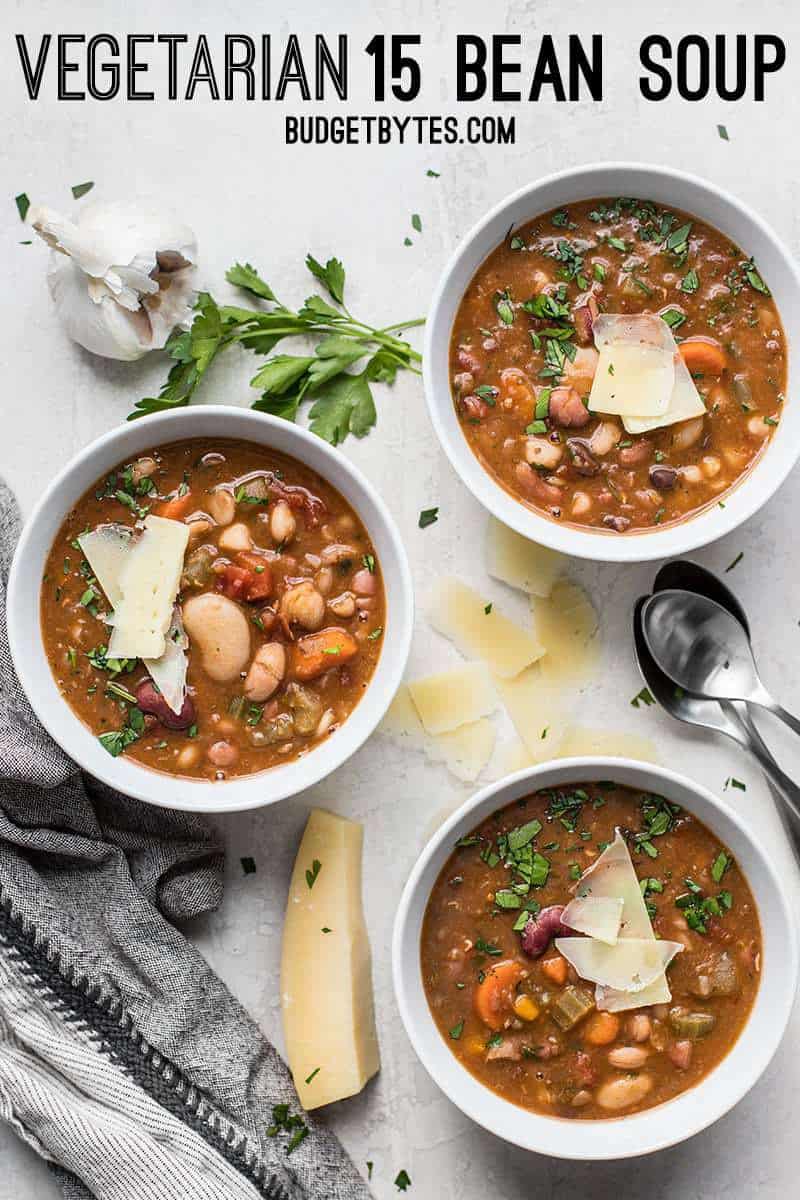 A variety of colors, fresh vegetables, and vibrant herbs and spices make this Vegetarian 15 Bean Soup flavorful, filling, AND incredibly good for you. BudgetBytes.com