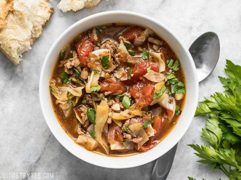 A bowl of Beef and Cabbage Soup ready to be eaten