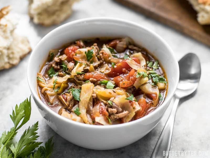 Light, but filling, this Beef and Cabbage Soup will fill you up without weighing you down, and will keep you warm from the inside out. BudgetBytes.com