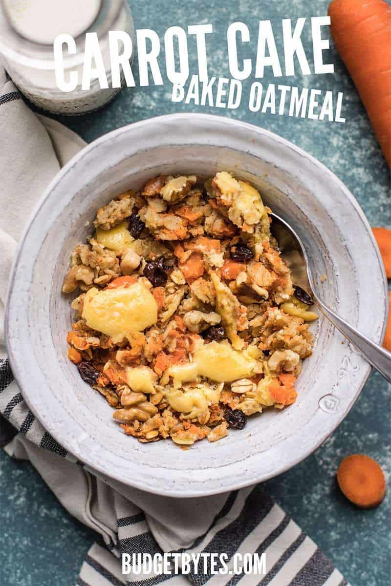 This Carrot Cake Baked Oatmeal is packed with good-for-you carrots, only a little sugar, and pops of sweetness from raisins and a cheesecake-inspired topping. BudgetBytes.com