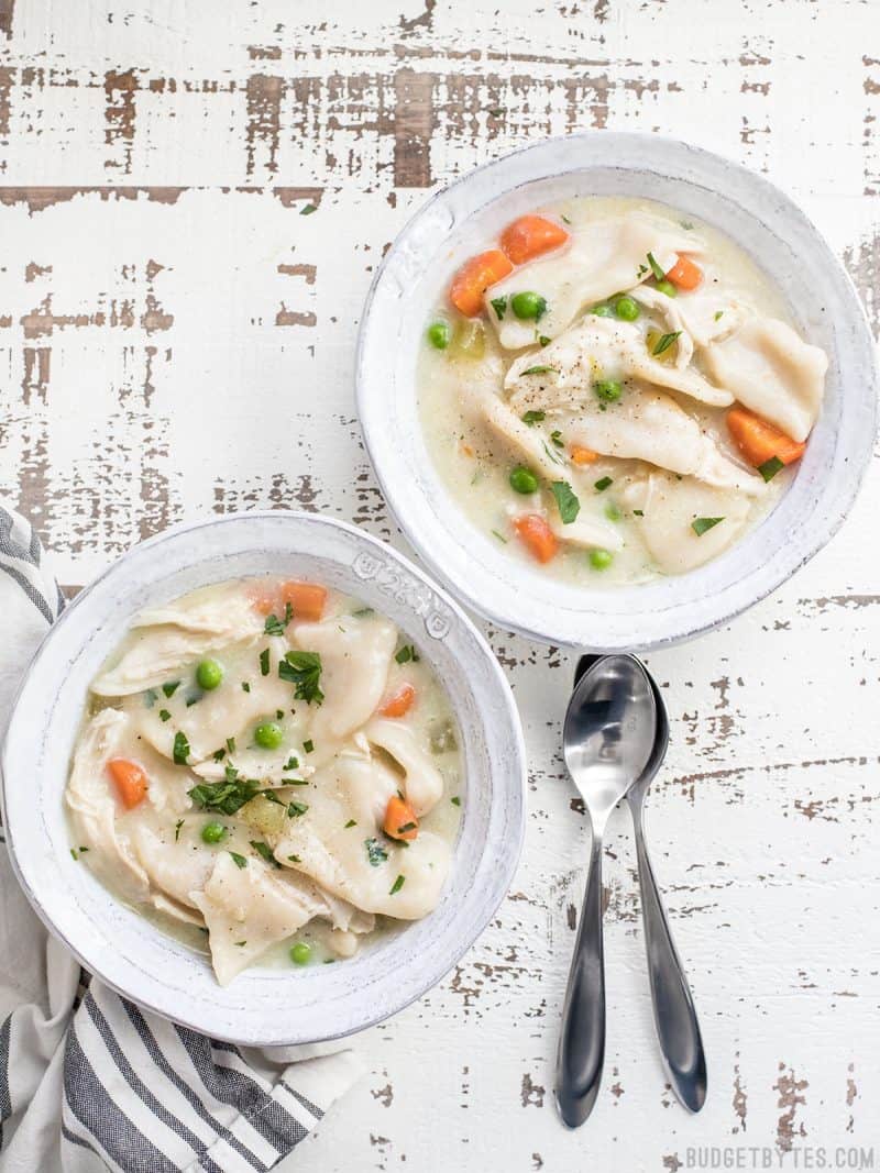 Two bowls of warm and comforting Chicken and Dumplings with Vegetables