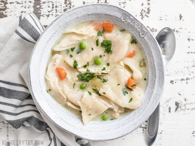 Sing bowl of rich and comforting Chicken and Dumplings with Vegetables