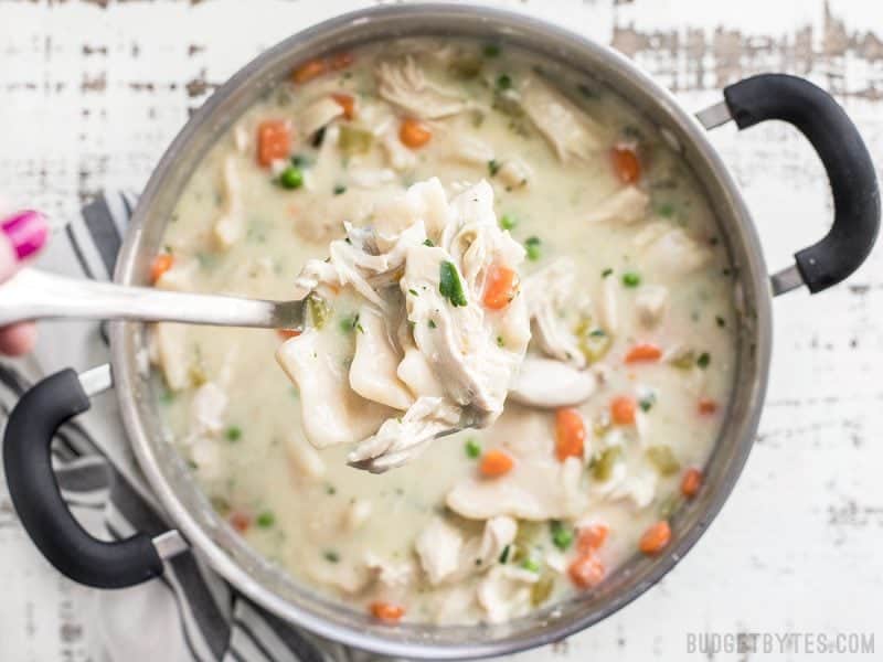 A ladle full of warm and comforting Chicken and Dumplings with Vegetables