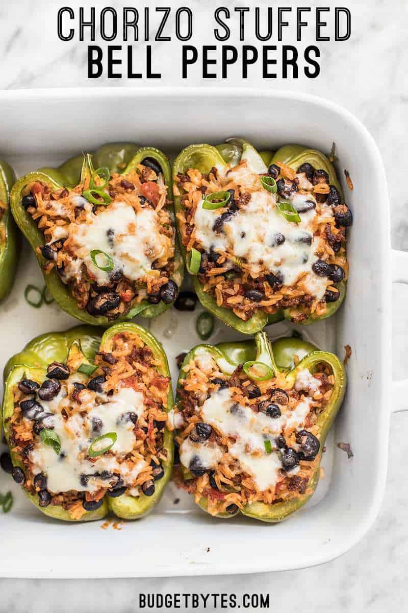 Super flavorful chorizo is the key to keeping these Chorizo Stuffed Bell Peppers simple and delicious enough for a weeknight dinner. BudgetBytes.com