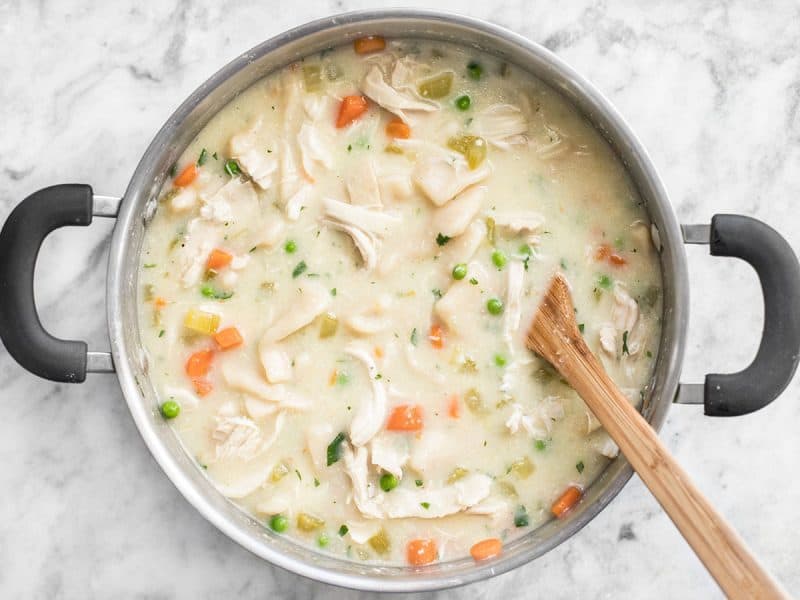 Finished Pot of Chicken and Dumplings with Vegetables
