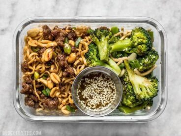 A little bit indulgent, a little bit healthy, this Pork and Peanut Dragon Noodle Meal Prep is a flavorful, filling, and DELICIOUS lunch! BudgetBytes.com