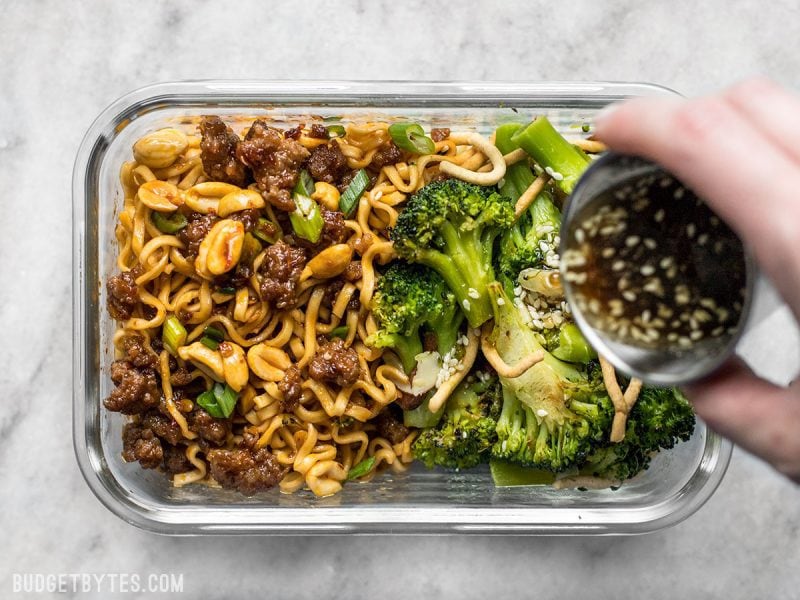 A little bit indulgent, a little bit healthy, this Pork and Peanut Dragon Noodle Meal Prep is a flavorful, filling, and DELICIOUS lunch! BudgetBytes.com