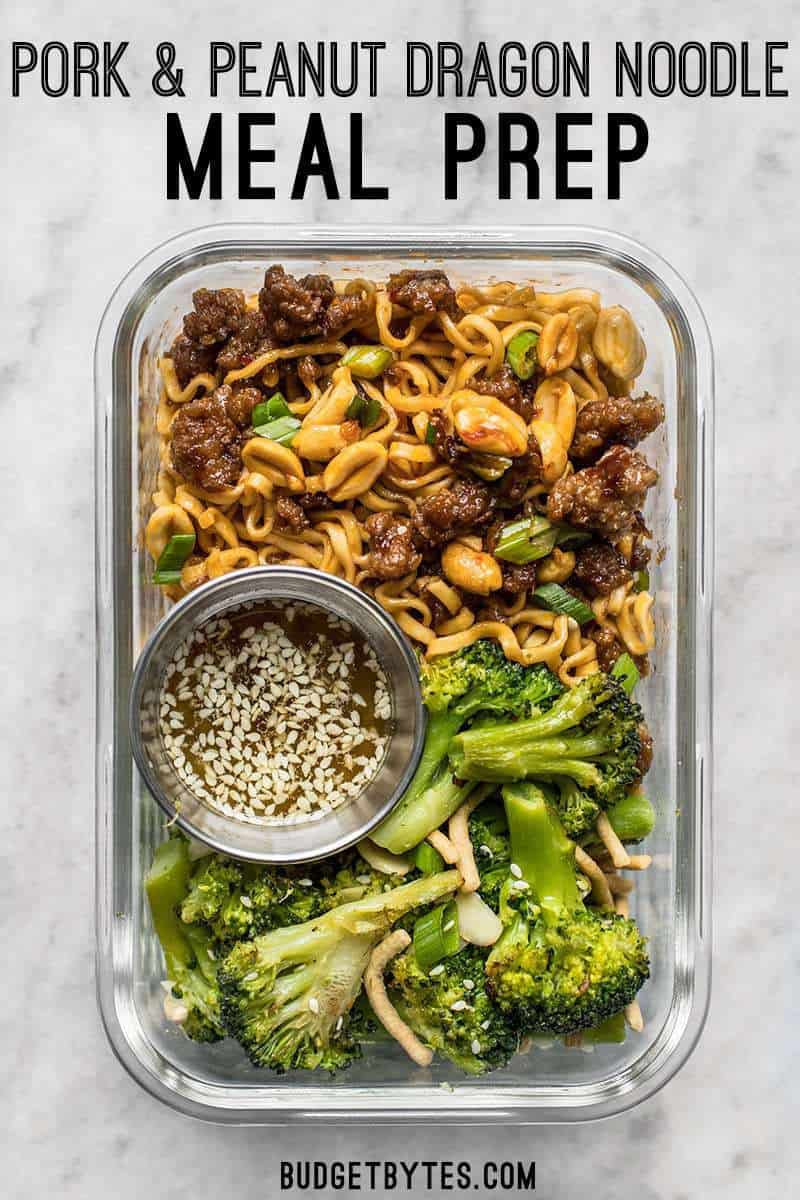 A little bit indulgent, a little bit healthy, this Pork and Peanut Dragon Noodle Meal Prep is a flavorful, filling, and DELICIOUS lunch! BudgetBytes.com