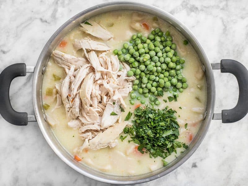 Return Chicken Add Peas and Parsley to pot