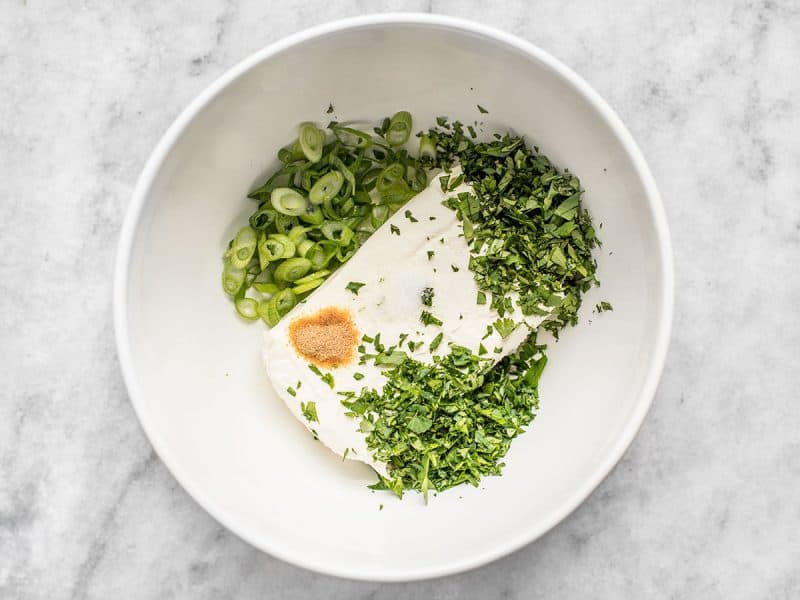 Scallion Herb Cream Cheese Spread Ingredients in a bowl