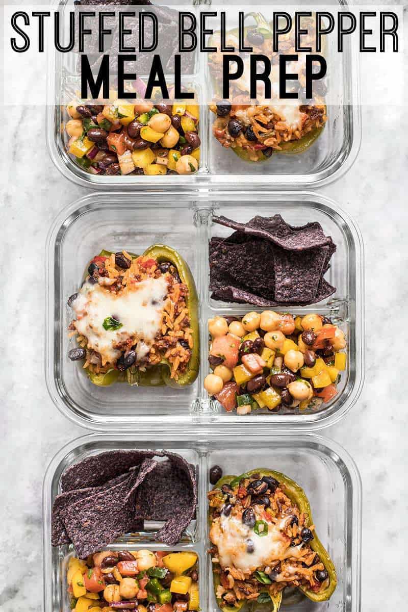 glass meal prep containers in a row with text overlay.
