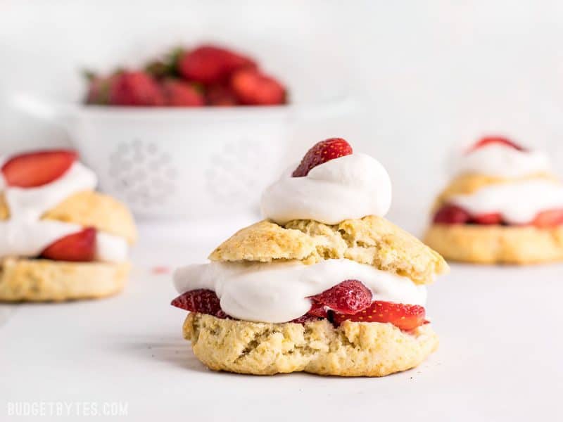 Side view of three Strawberry Shortcakes with a bowl of strawberries in the background