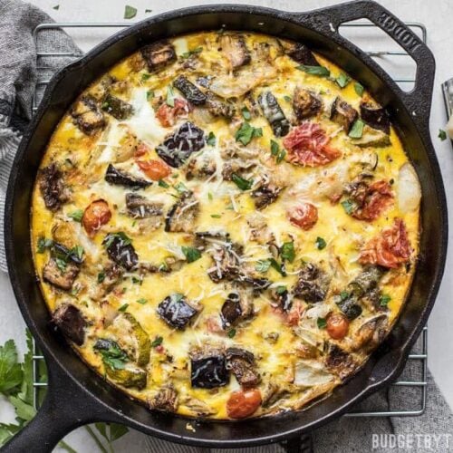 Ratatouille Frittata combines the rich and complex flavors of ratatouille with the ease of an egg frittata. Great for low carb dieters or using up that summer bumper crop! BudgetBytes.com