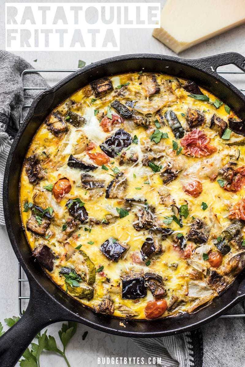 Ratatouille Frittata combines the rich and complex flavors of ratatouille with the ease of an egg frittata. Great for low carb dieters or using up that summer bumper crop! BudgetBytes.com