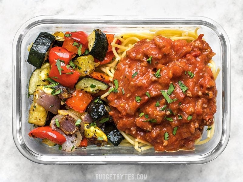 Spaghetti and Roasted Vegetables in a glass meal prep container