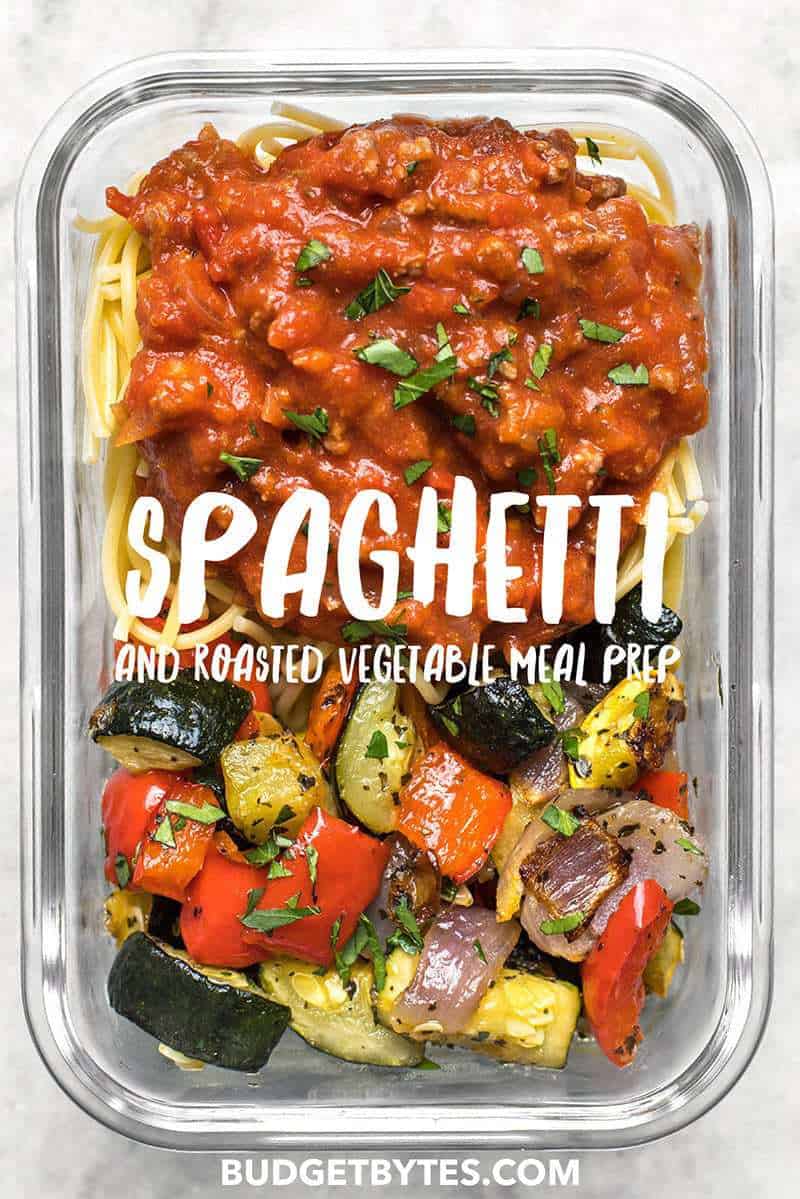 Comfort food and a generous helping of good-for-you vegetables, this Spaghetti and Roasted Vegetable Meal Prep is the best of both worlds! BudgetBytes.com