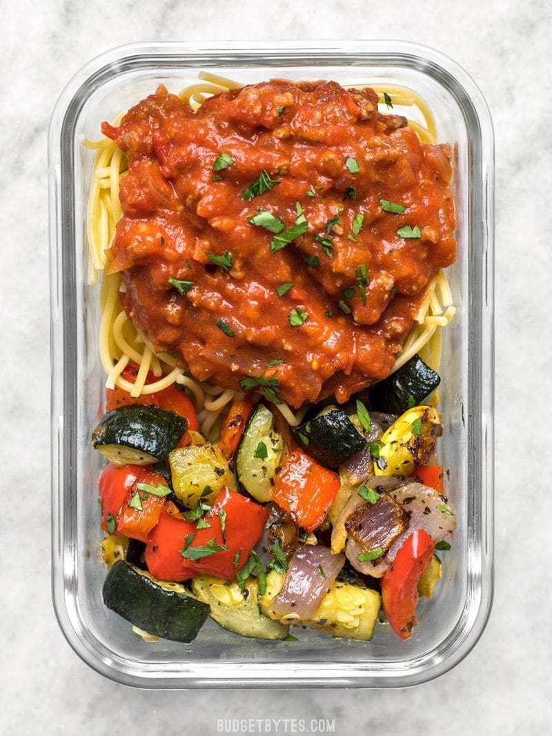 Spaghetti and Roasted Vegetables in a glass meal prep container