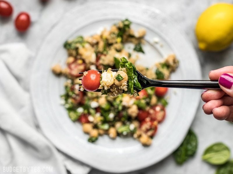 Close up shot of a forkful of Spinach Chickpea and Quinoa Salad with the plate in the background