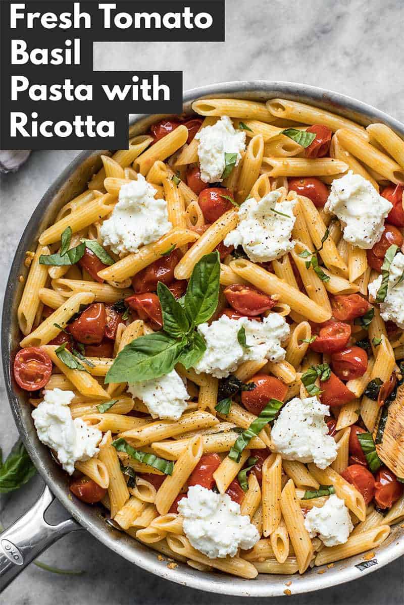 It only takes a few fresh ingredients make this Fresh Tomato Basil Pasta with Ricotta, the perfect light lunch or dinner for summer! BudgetBytes.com