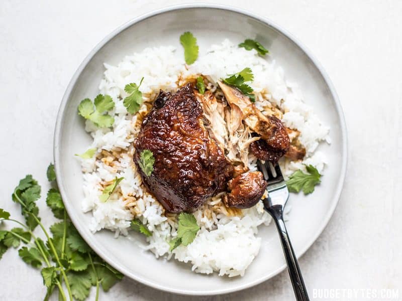 A piece of Honey Hoisin Garlic Chicken on a plate with rice and cilantro