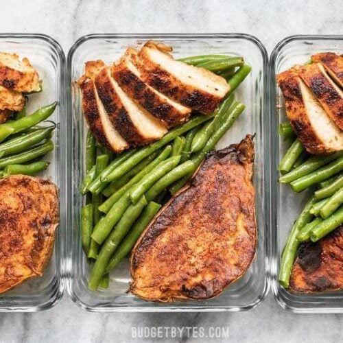 Smoky Chicken and Cinnamon Roasted Sweet Potato Meal Prep is an easy, delicious, filling, and healthy daily lunch or dinner. BudgetBytes.com