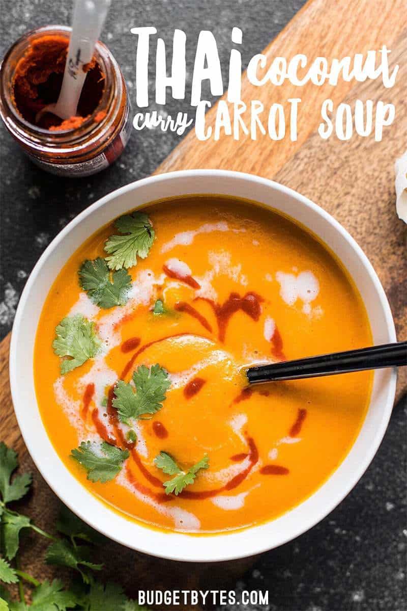 You only need a few ingredients to make this light and satisfying Thai Coconut Curry Carrot Soup. It’s a creamy, a little sweet, a little spicy, and a lot of delicious. BudgetBytes.com