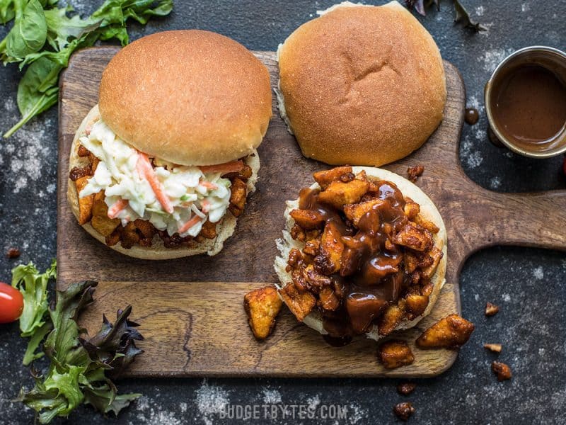 Overhead view of two BBQ Tofu Sliders one with with the top bun off