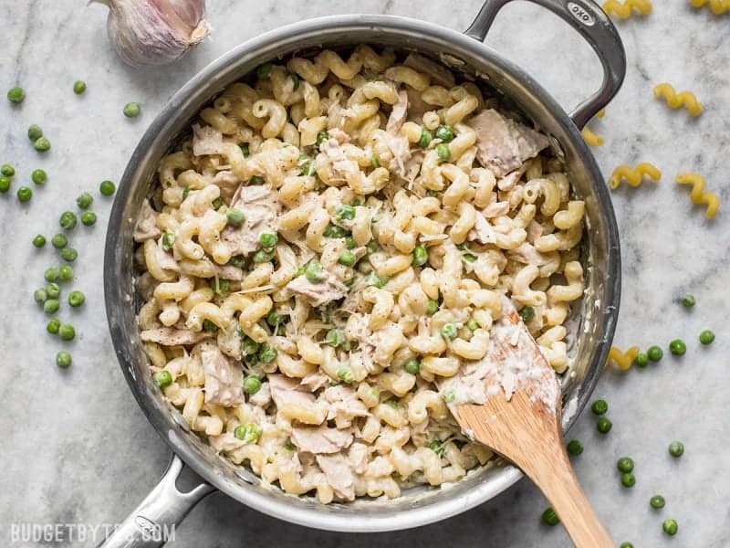 Finished Creamy Tuna Pasta with Peas and Parmesan in skillet