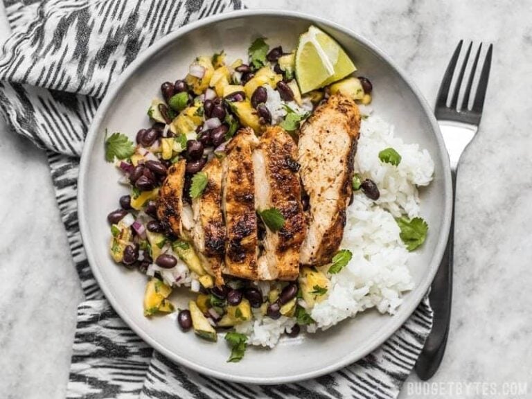 Jerk Chicken with Pineapple Black Bean Salsa Budget Bytes
