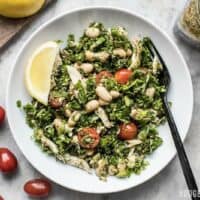 This Make Ahead Kale White Bean and Pesto Salad keeps your fridge stocked with good for you food that you can customize each day for a new meal. Budgetbytes.com