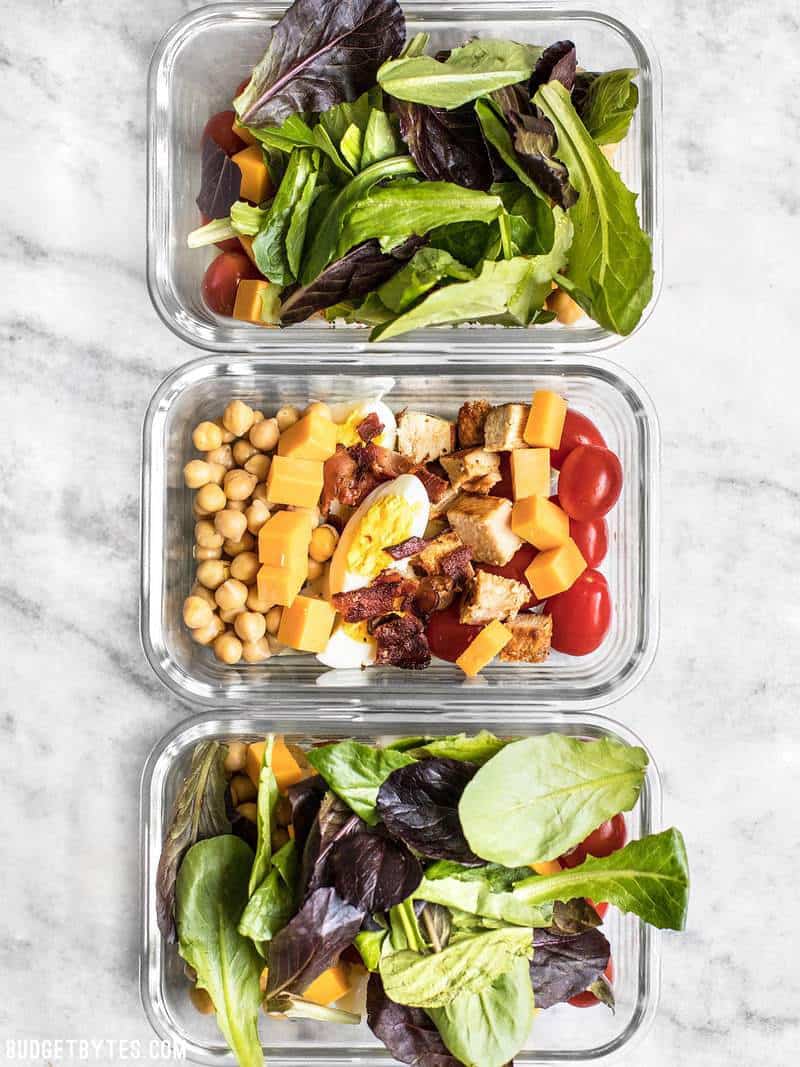 Three Cobb Salad Meal Prep containers lined up