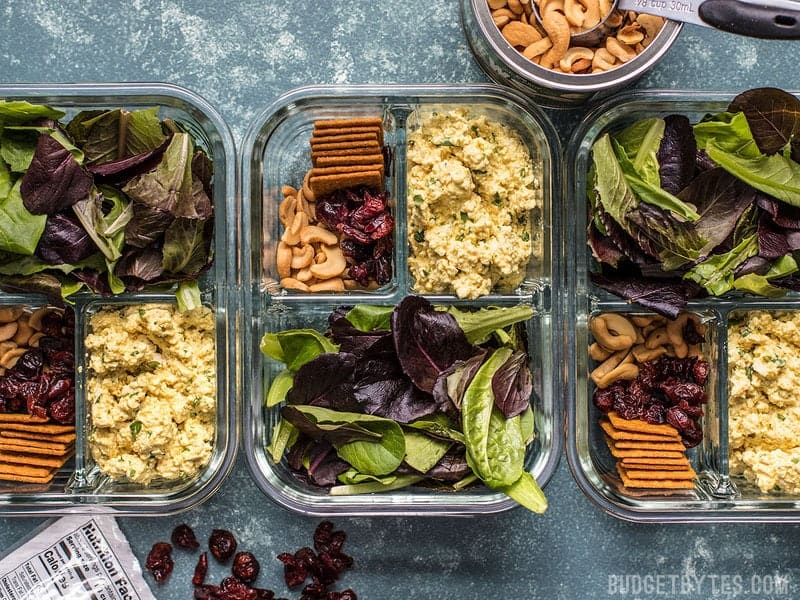 Three Curried Tofu Salad Meal Prep containers in a row