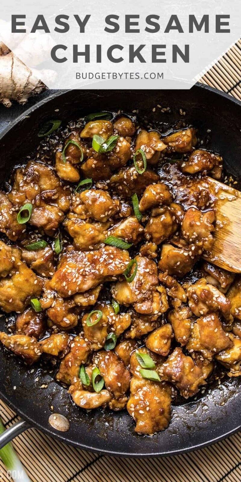 Overhead view of sesame chicken in the skillet, title text at the top