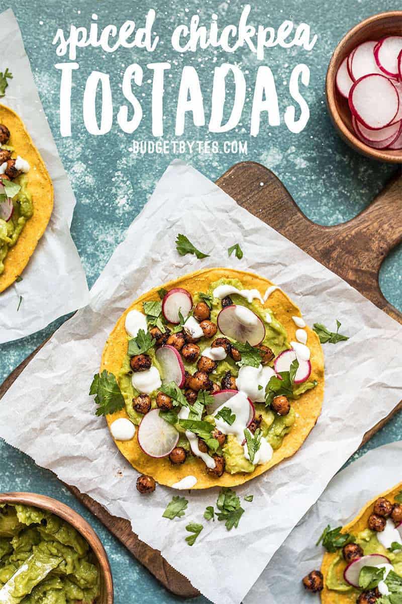 These cool and refreshing Spiced Chickpea Tostadas are the perfect almost no cook dinner for summer. Customize the toppings based on what you have on hand to make the most of leftovers! Budgetbytes.com