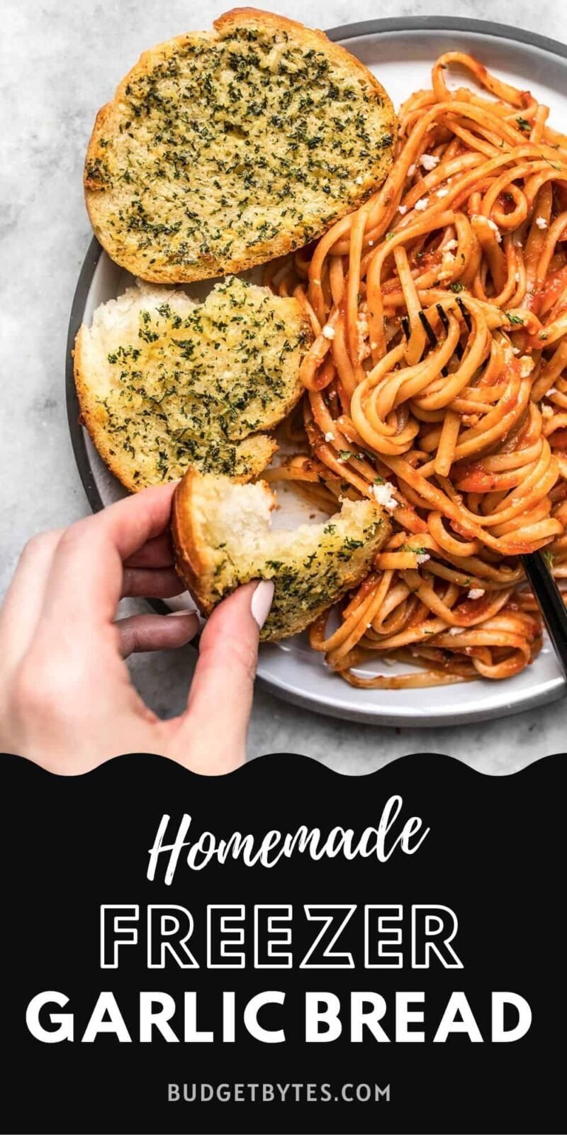Slices of garlic bread on a plate of pasta, title text at the bottom