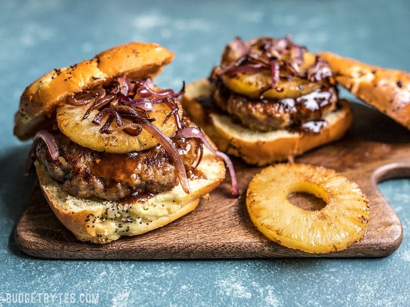 These rich and juicy Hawaiian Burgers are flavored with sweet pineapple, tangy teriyaki sauce, savory green onions, and creamy Monterey jack cheese. Budgetbytes.com