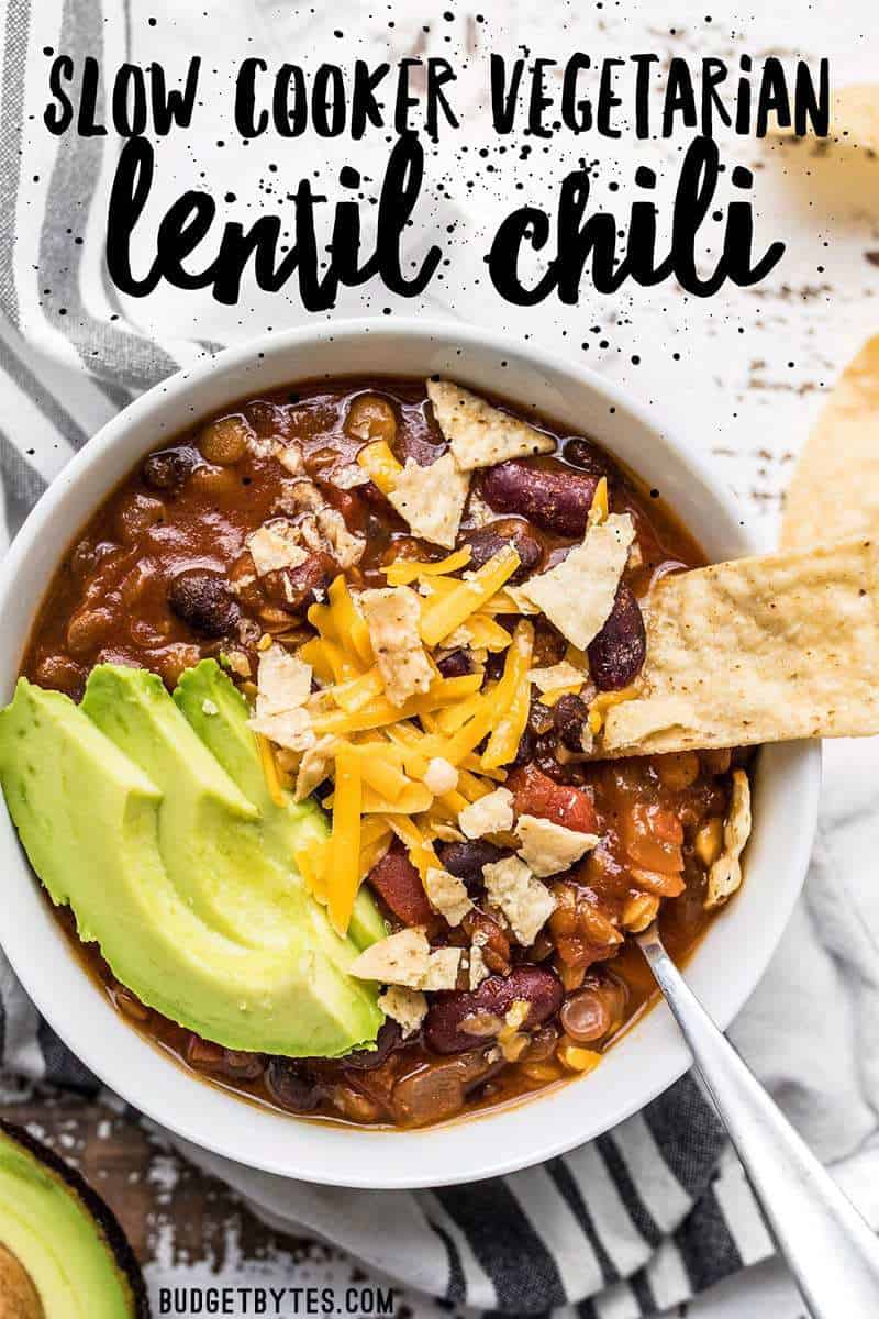 This Slow Cooker Vegetarian Lentil Chili makes a huge batch, is packed with flavor and nutrients, and can be made for only about 5 dollars!