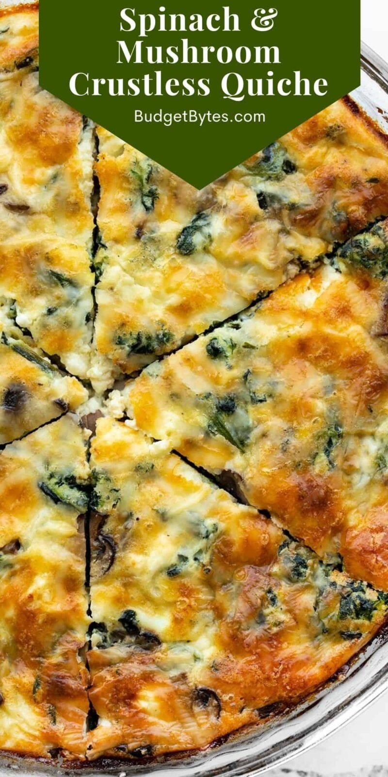 close up of sliced crustless quiche, title text at the top