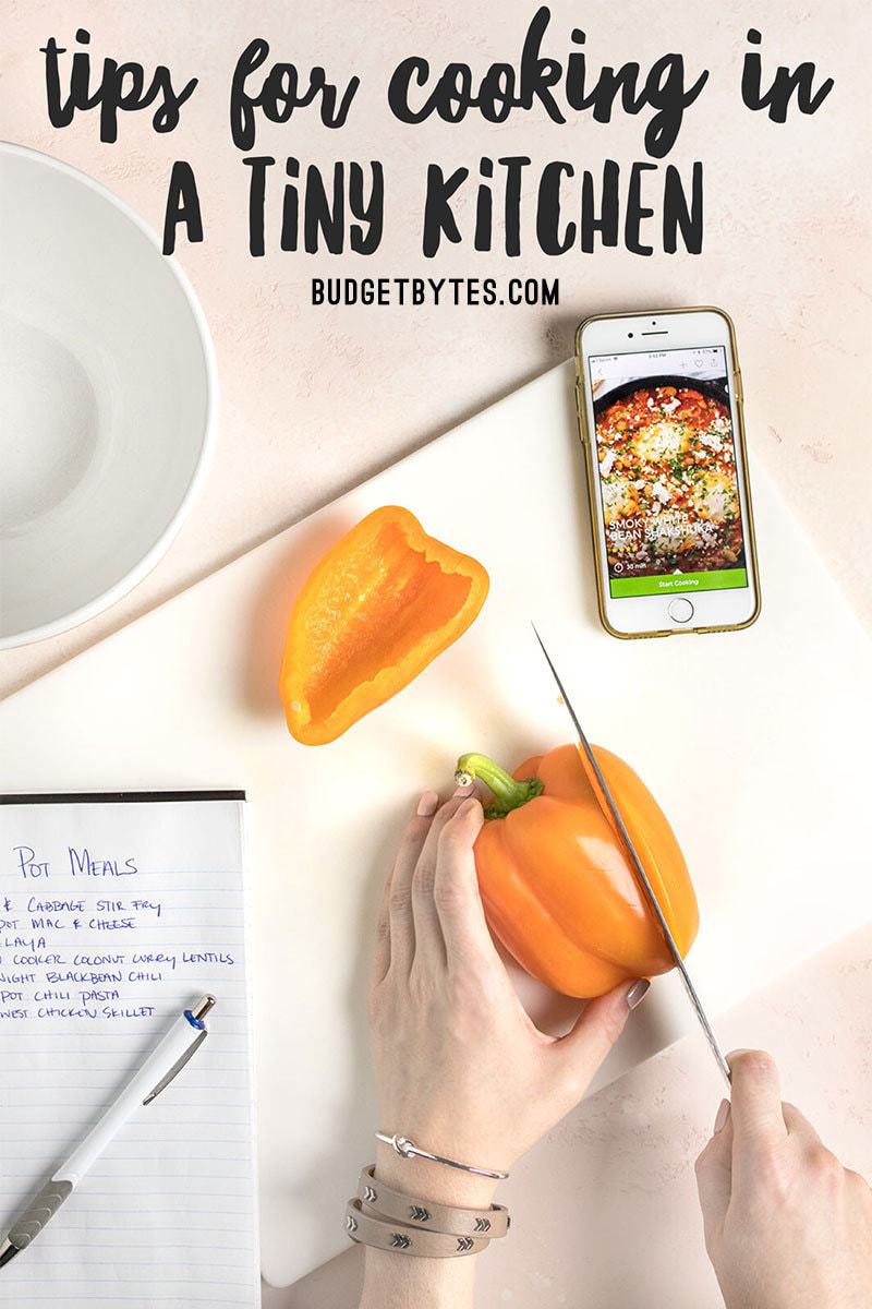 Practical tips for cooking in a tiny kitchen without losing your mind. Plan, organize, and improvise! Budgetbytes.com