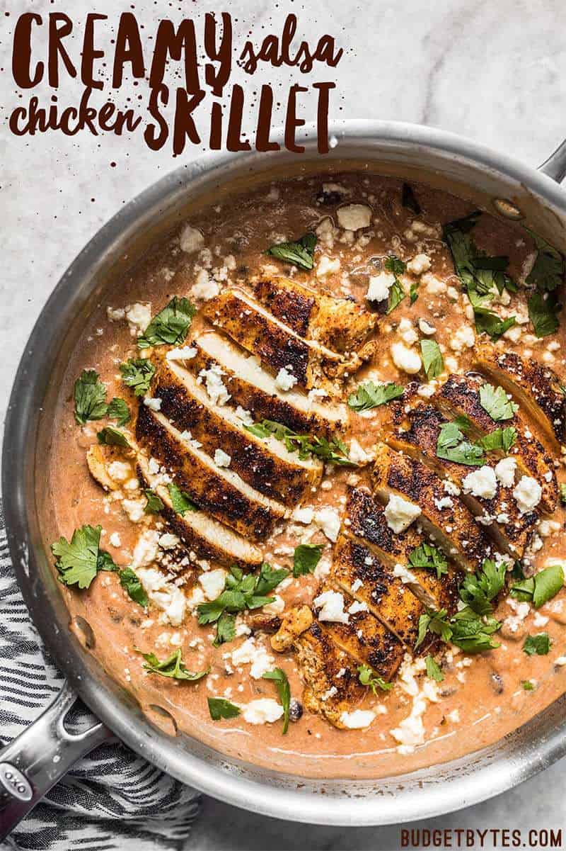 simple jar of salsa is the key to making dinner fast and easy. Just try this Creamy Salsa Chicken Skillet and see for yourself. Budgetbytes.com