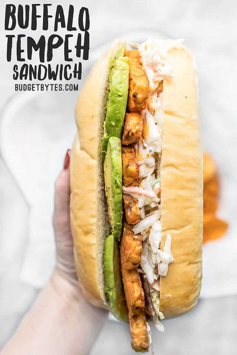 Spicy hot buffalo sauce, creamy avocado, and a rich and tangy ranch slaw makes these Buffalo Tempeh Sandwiches fiery perfection! Budgetbytes.com