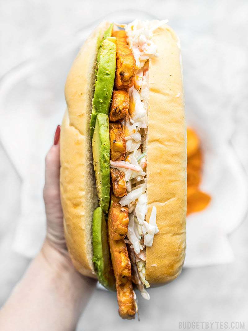 Close up of spicy hot Buffalo Tempeh Sandwiches