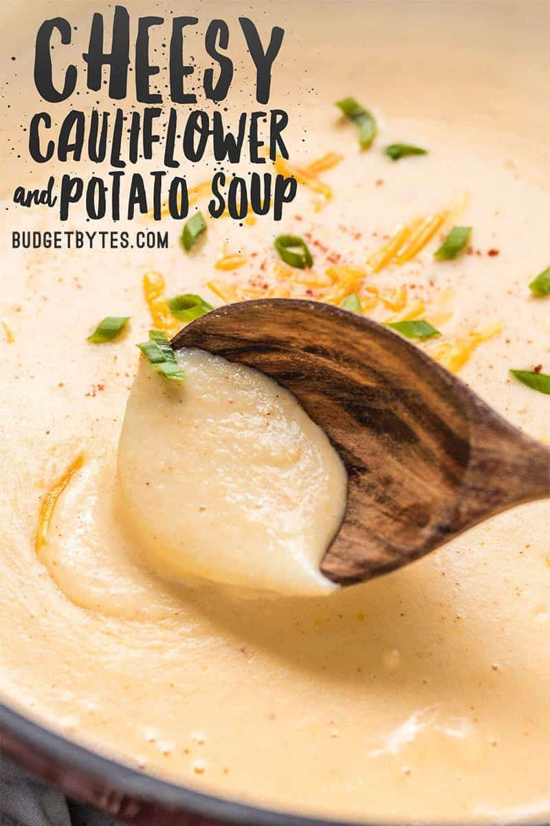 Cheesy Cauliflower and Potato Soup is rich and creamy without being overly heavy. Eat your vegetables and enjoy them, too! Budgetbytes.com