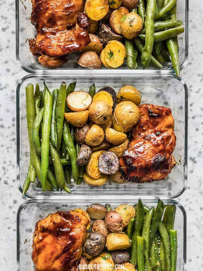 Glazed Chicken Meal Prep containers lined up in a row