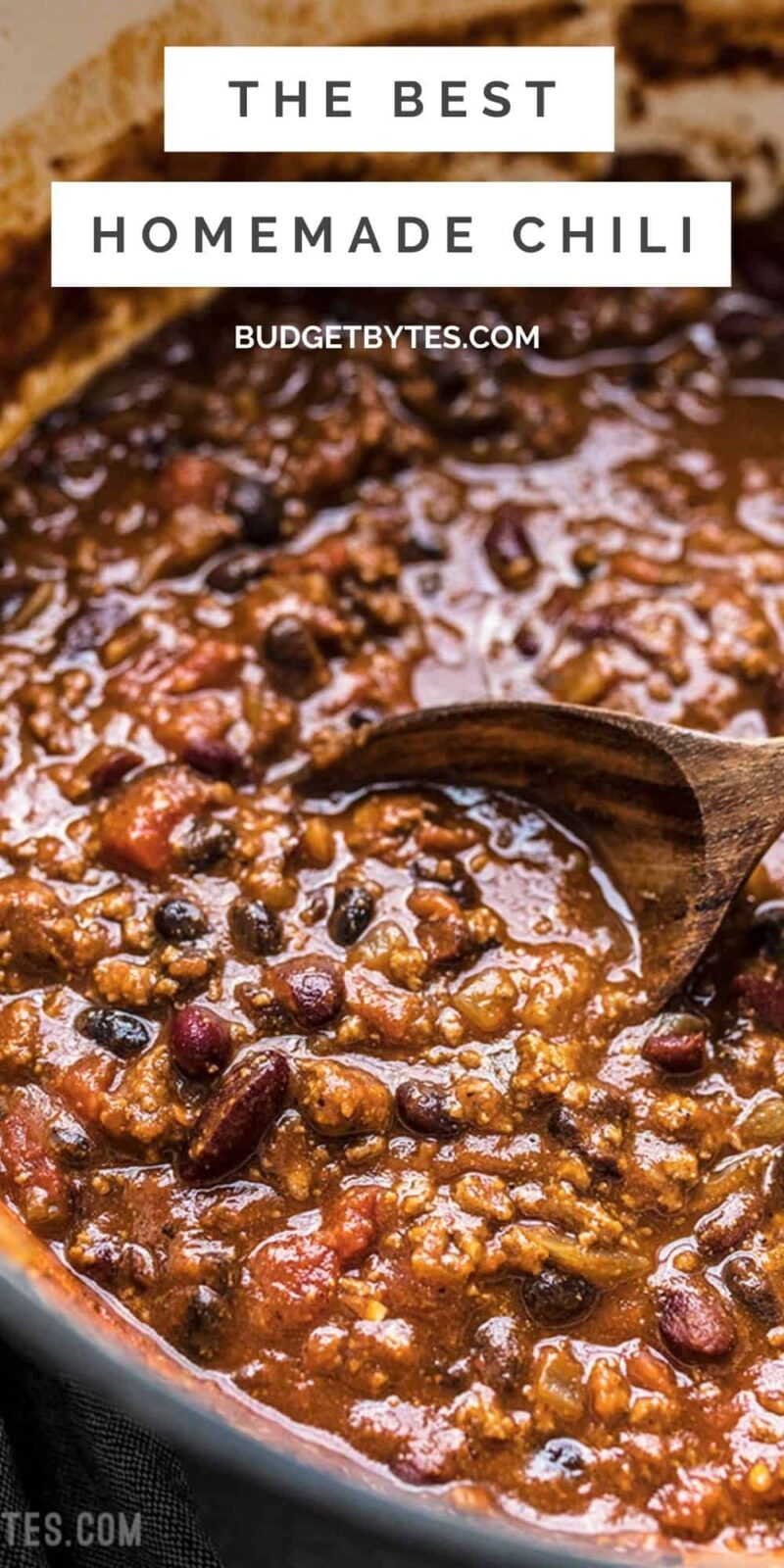 Close up of a pot of chili, title text at the top