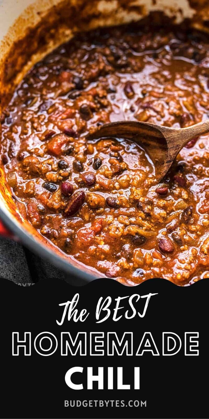 Close up of a pot of chili, title text at the bottom