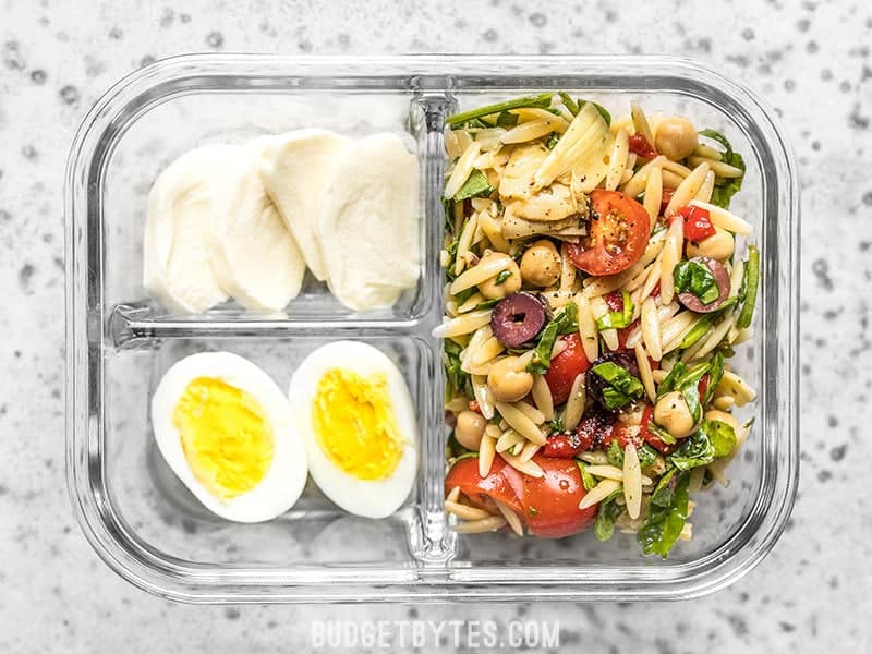 Single Close Up of Orzo Salad Meal Prep Lunch Box