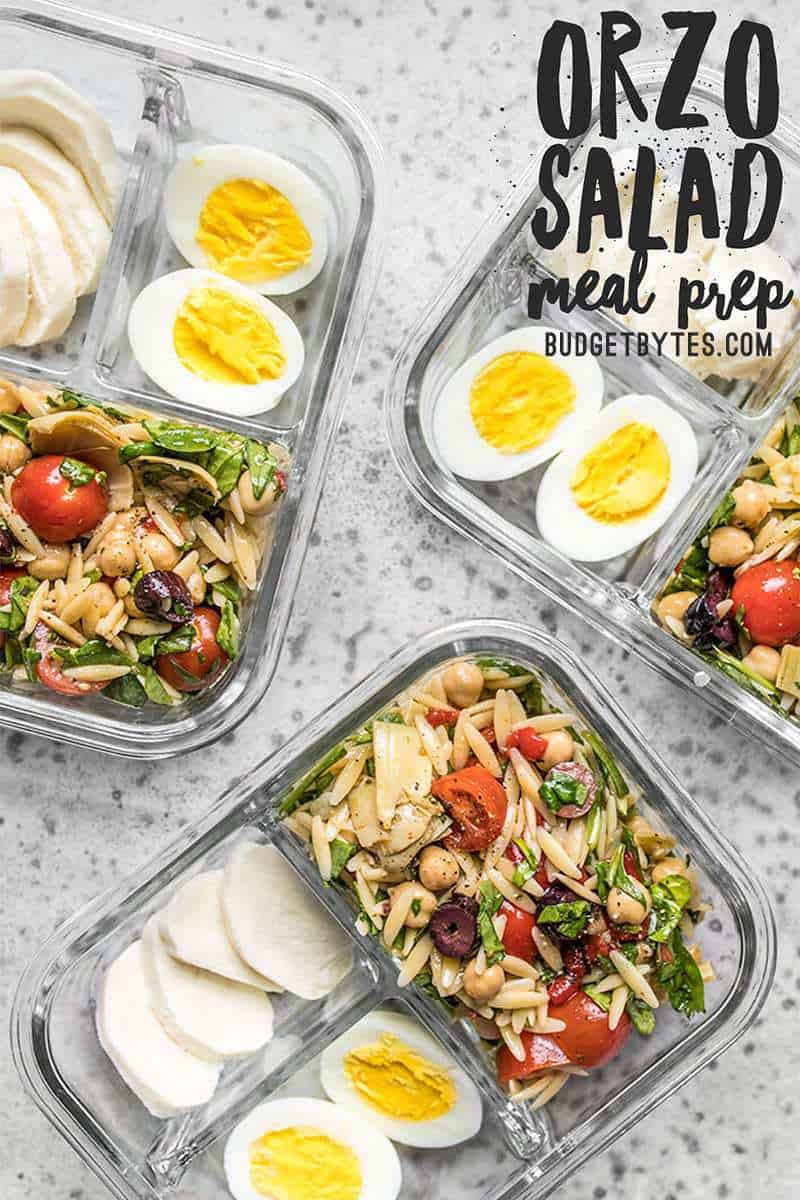 A cold pasta salad makes the base for these Orzo Salad Meal Prep cold lunch boxes, with plenty of options for alternate pairings! Budgetbytes.com