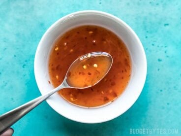 Easy Sweet Chili Sauce close up on a spoon