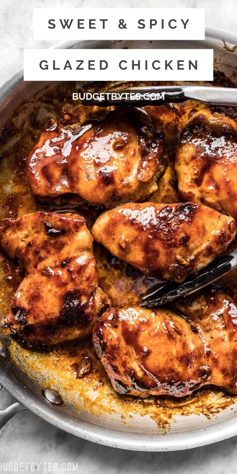 glazed chicken in a skillet, title text on top